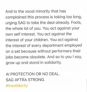 Renée Felice Smith Instagram - sending this out into the void. STAY STRONG 👊 @sagaftra Comprehensive AI protection or NO DEAL. There will be no “next time”. 
#insolidarity #sagaftrastrike

@officialfrandrescher @thesherylleeralph @duncanci @lisaannwalter @thesherylleeralph @francesfisher @seanastin @saraheramos @shaan_sharma

[I misspelled “whiny” and forgot a comma. Forgive me, I’m enraged at the state of things (as we all are) and trying to make whatever impact I can.]
