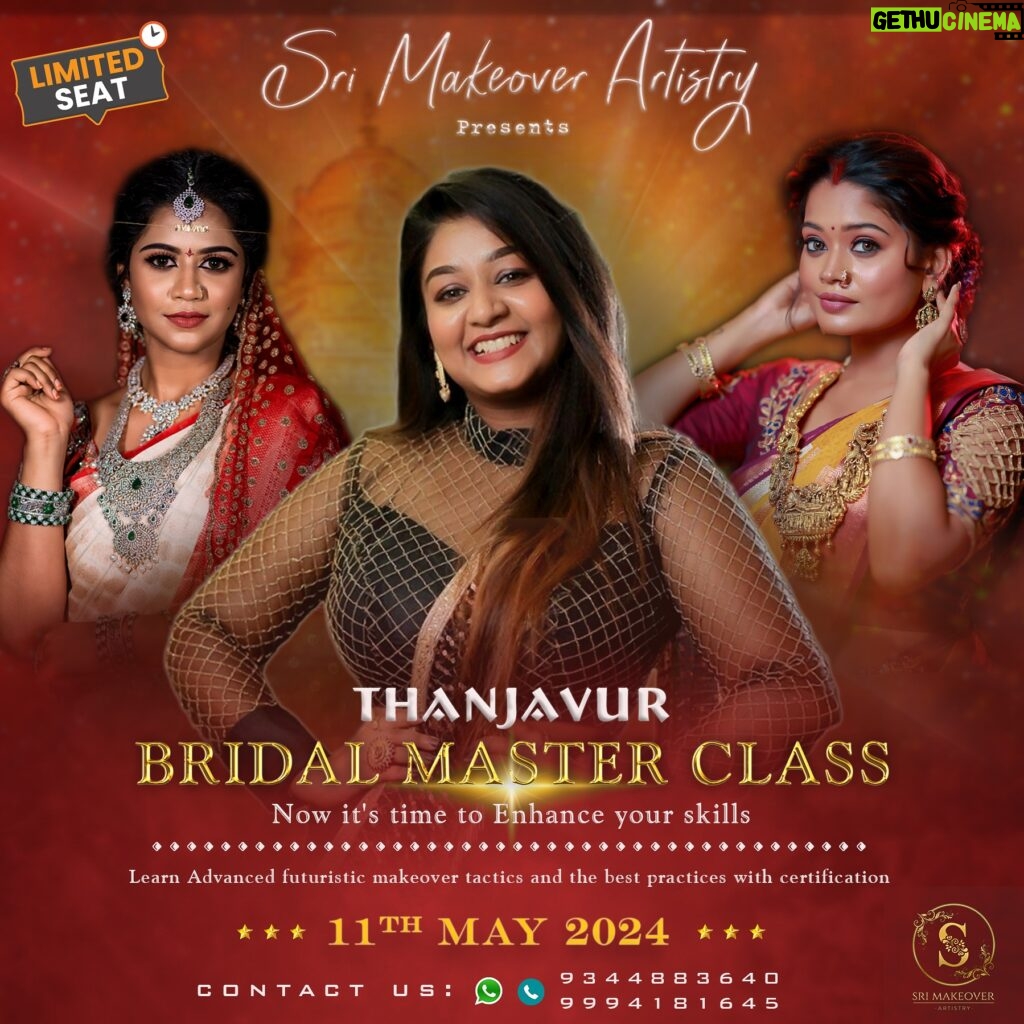Rhema Ashok Instagram - Biggest announcement Srimakeover artistry presents One day bridal master class First time in Thanjavur ✨Syllabus Ultra HD makeup look Airbrush makeup look 2 different hairstyles 2 different eye looks Product knowledge -skin care according to your skin type -How to create a flawless base -Correction and concealing -Right way to apply Blush contouring and highlighting techniques -Eyelash fixing techniques -Lens fixing techniques -Affordable and high end brand details -Complete demo will be -demonstrated on step by step -Photo shoot with celebrity -Certificate will be provided #Master class #masterclassinthanjavur #bridalmasterclass2024 #Makeupartistinthanjavur #onedaymasterclass #thanjavurbigtemple