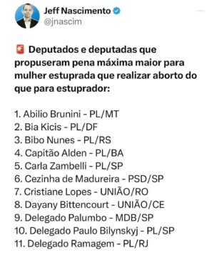 Rita Wainer Instagram - CRIANÇA NÃO PODE SER MÃE! 

Mulher não tem um segundo de paz. 👊🏽👊🏽👊🏽

Voltou a circular nesta quarta-feira
(12), na Câmara dos Deputados, o “PL da Gravidez
Infantil” ou o “PL do Estupro”.

O projeto de lei, de autoria do deputado Sóstenes Cavalcante (PL-RJ) e outros 31 proponentes, tem por objetivo alterar o Código Penal (CP) para equiparar o aborto ao crime de homicídio, além de dificultar o acesso ao aborto legal em casos de estupro.

O texto do PL 1904 pretende proibir totalmente o aborto acima de 22 semanas, mesmo nos casos que até então eram permitidos por lei.
Caso a medida seja aprovada, vai atingir diretamente crianças vítimas de estupro. São elas que mais demoram para identificar casos de abuso e gestação, atrasando a busca pelo aborto legal.

De acordo com dados do Fórum de Segurança Pública de 2022, 74.930 pessoas foram estupradas no Brasil, 61,4% delas tinham até 13 anos.
Diga não ao projeto que criminaliza o aborto em casos de estupro!

Assine e pressione: criancanaoemae.org