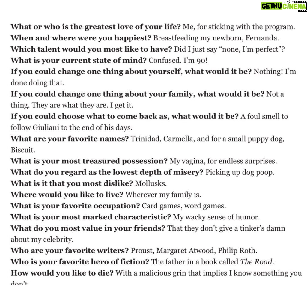 Rita Moreno Instagram - Dear everyone, I'm re-printing a last page from Vanity Fair that I think got missed by you all. This is for your amusement. Consider it my belated Christmas present to you all. It's a questionnaire that's always printed on the very last page where questions are asked and answered by a different celebrity each month. I had an uproariously good time answering them - my responses are funny and mischievous. I would love to hear from you after you've read it! Luv 'n kisses, Rita