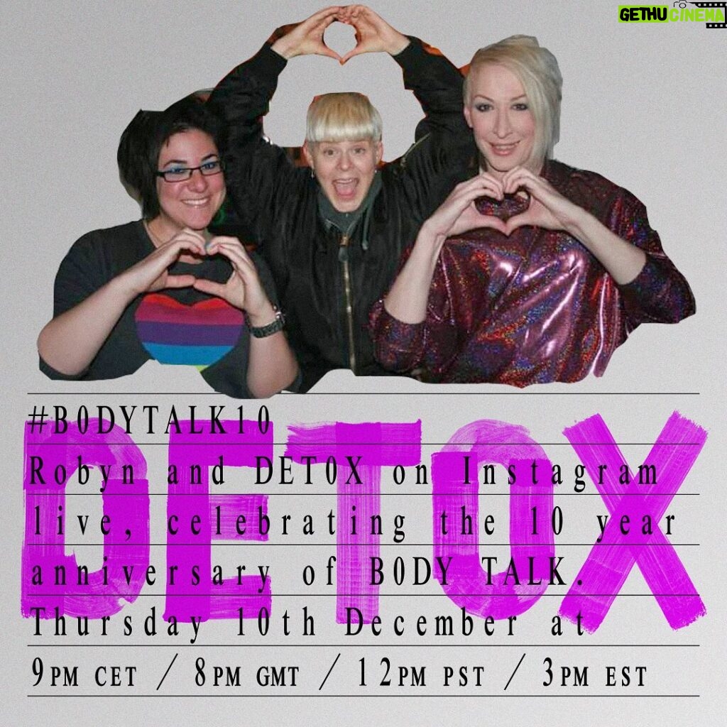 Robyn Instagram - Its been 10 years since Body Talk was released and I will talk about the album, what was going on in my life at the time, and my connection with @theonlydetox here on Insta Live this Thursday the 10th of December.     Thank you every single one of you who shared and posted about what this album means to you this year. I want to give back and will keep posting about it this week. Brb! 🦾😍👂🗣️💋 #BodyTalk10