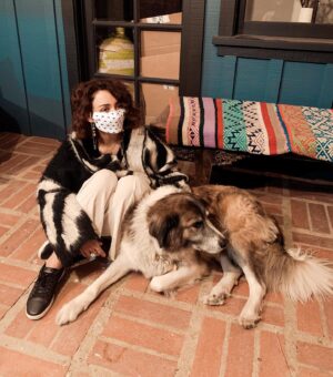 Rosaline Elbay Instagram - Two important things in these pictures:
The first is @harrisonfordthedawg.
The second is the mask, a collaboration between @sayran and @ashtiapparel to benefit @thelotusf. The Lotus Flower is a non-profit organisation providing much-needed support for displaced women and girls in refugee camps in the Kurdistan region in Iraq. Please swipe and visit their IG & website for more information and ways to donate.