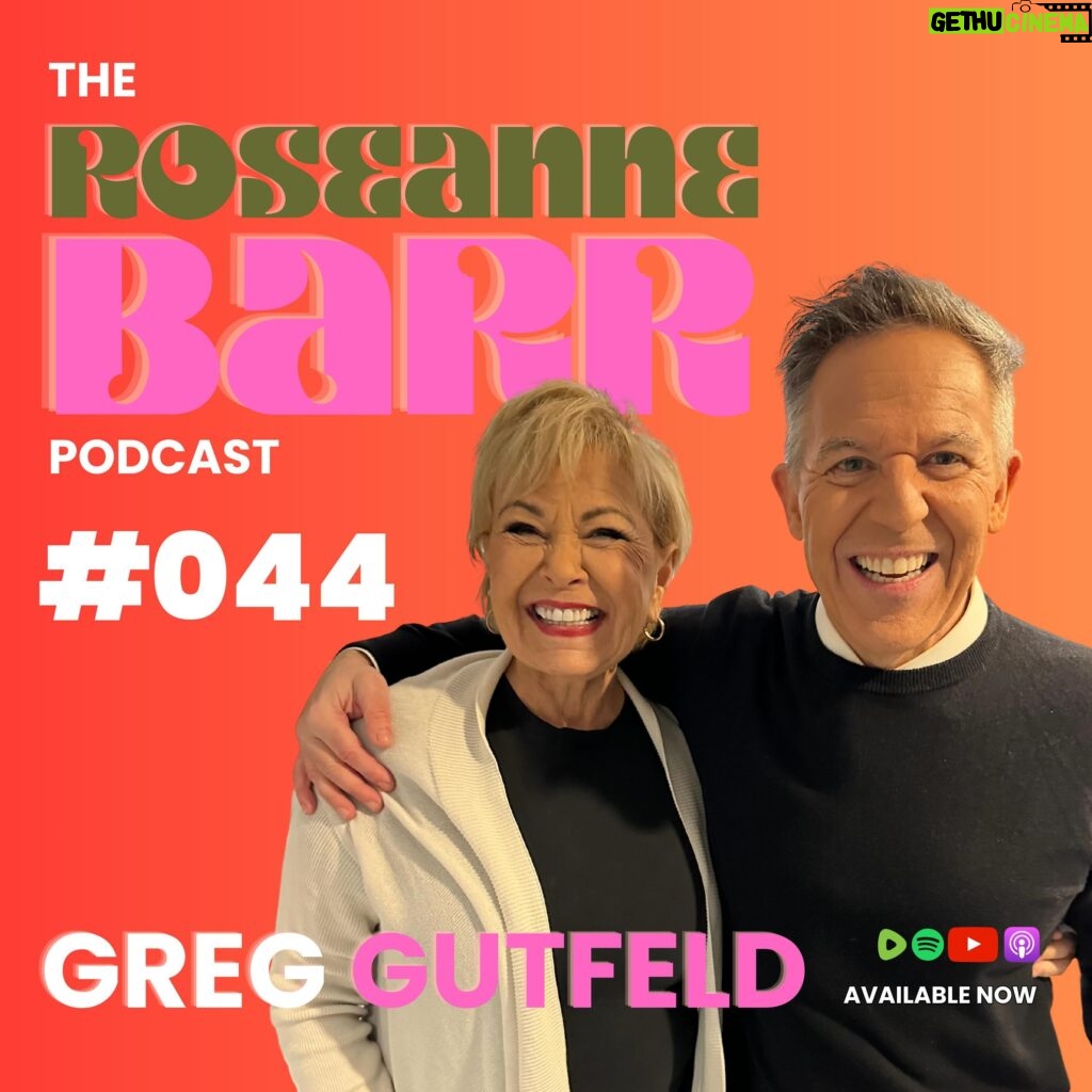 Roseanne Barr Instagram - The King of Late Night Greg Gutfeld meets the Queen of Comedy in this  convergence of brilliant minds.  The pair have both bucked mainstream comedy norms to have overwhelming and “surprising” successes in their respective careers. *Episode is available on your favorite podcast platform and Rumble YouTube!