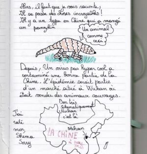 Roxane Bret Instagram - Voilà un extrait de mon journal 
J arrive pas à raconter de nouvelles histoires pour petit cul
Mais j arrête pas de faire des blagues sur les pangolins 
Rien d original donc 
Prenez soins de vous 
Je vous aime ❤️
Si vous avez des enfants ou des extra-terrestres qui ne sont pas au courant de la situation partagez leur . Je pense que c est expliqué simplement 🖖