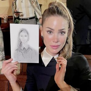 Roxanne McKee Instagram - I know it look like I’m about to cry but that’s just my face.
Did @clairejonesart capture it?! 🥺😁
*
*
#Frontrowdrawings #fashionweeklondon