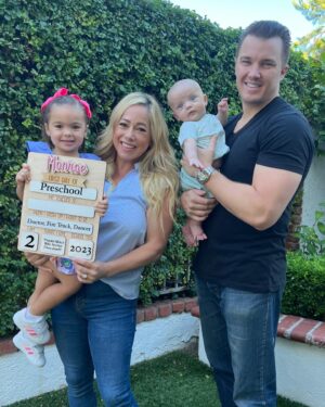 Sabrina Bryan Instagram - Monroe’s First Day of Preschool! 💖 This little one amazes me with how brave she is to “strut” right into new experiences…all while Mommy is having a slight melt down and having to be pulled away from the door by Dad 😭🤣 although I can’t wrap my head around the fact that we are already here…we are SO happy that our baby girl loves her teacher and is sooooo excited to go to school!! ❤️🍎 #latermom #firstdayofschool #minimomheartattack #dontworry #momsdoingok