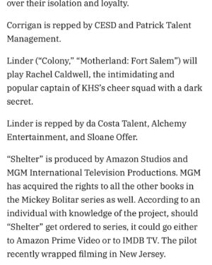 Sage Linder Instagram - I am so thrilled to be a part of the ‘Shelter’ cast!!🙉😊

I could not hype up this team enough, I’m so grateful to work alongside such talented and kind people🦋

@harlancoben 
@patriciacardosofilm 
@charc0b 
@mgmstudios 
#RolaBauer #Stevenjohnson
#AndrewSaxe 

An endless thank you to my powerhouse reps Melissa and Shannon @dacosta_talent and Allan Griftka @ Alchemy Entertainment. I’m so grateful for y’all!!❤️‍🔥
