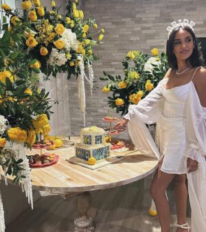 Sahar Golestani Instagram - I had the most ✨magical✨ italian themed bridal shower 🍋. I was really showered with love, I’m so lucky to have such wonderful friends 💙💛 4 more days till the big day! 
.
.
 Special thanks to @itssabzi my little hostess and visionary. @officialavamae for the most beautiful backdrop and @rimafakih for helping bringing it all to life 💛 also still drooling over my caviar table 🤤