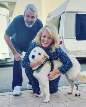 Sally Lindsay Instagram - This beautiful doggie came to visit us on set today.He was found with his leg shot and was taken to @kareen.f dog sanctuary and got a new leg! What an absolute stunner,we totally fell in love with her. Give her a follow for updates 👍🏻