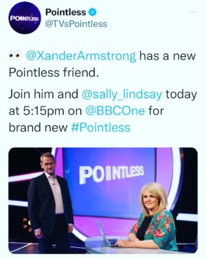 Sally Lindsay Instagram - Yes,big shoes to fill!I’m on tonight at 5.15pm @bbcone with the dashing @xander.armstrong having a ball on #pointless 🤩