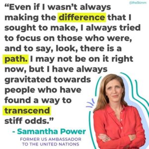 Samantha Power Instagram - Thank you @carlyanddanielle @theskimm for having me on Skimm'd from The Couch. Great chat about making one’s way in the professional world, from my first job at Del Taco to disagreeing with your boss & trying to build a career around beliefs that are always being challenged: skimmth.is/2N7Q2fj.