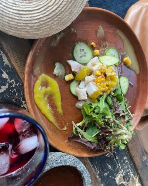 Sandra Cisneros Instagram - Finally corn!!! Homemade food thanks to Emilio Mancilla and Tihema Bennett. Black beans and rice never tasted so good!  And ceviche!  With agua de jamaica!!!