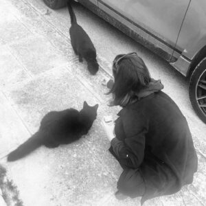 Sandra Mae Frank Instagram - No matter where I go, cats still come to me, #CatWoman… also, don’t tell Spade 😅

#Malta #MaltaCats #BlackCats #CatLover #DontTellSpade

[image description]
The photo is in black and white. I’m feeding two black cats on a sidewalk beside a car and the camera is behind me so only the back is shown.