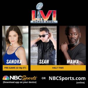 Sandra Mae Frank Instagram - Repost from @nad1880
•
We can’t wait to watch Sandra Mae Frank (@sandramaefrank), Wawa Snipe (@wawasworld1) and Sean Forbes (@seanforbes) today at #SuperBowlLVI - tune in with your NBC Sports app or NBCSports.com! #SBLVI

#SuperBowl #NFL #ASL #ASLmusic #Music #NBCsports #NBC 

[GRAPHIC DESC: Black background. Super Bowl LVI logo. Photo of Sandra - yellow banner below with black text “PRE-GAME (6:18p ET)“. Photos of Sean and Wawa - yellow banner below with black text “HALF TIME”. NBC Sports logo with white text “[Download app on your device] or http://NBCSports.com [online].]