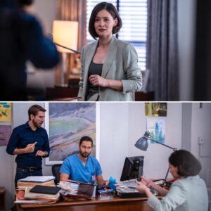 Sandra Mae Frank Instagram - One week from today until you meet Dr. Wilder on #NewAmsterdam!

Sept 21st on #NBC, next day on #PeacockTV👩🏻‍⚕️

#DamFam #DrWilder #TeamWilder #DeafDoctor #Oncology 

[image description]
Top image: Sandra as Wilder in a green suit, and office set in the background.
Bottom Image: 3 people in the office; Sandra as Wilder wearing a green suit, Ryan as Max wearing blue scrubs, Conner as Ben wearing a dark blue buttoned-up long sleeve. Max and Wilder having a conversation with Ben interpreting.