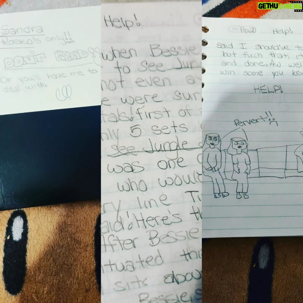 Sandra Rosko Instagram - This was a gem (diamond in the rough) that I brought back with me from my dad's - why I went back to Detroit last month (to get my childhood things from his place, since he's moving) - an old diary (don't read! 🤨) that included illustrations of that time that a pedophile followed me and my BFF in to "Jungle to Jungle" in 1997...!?!?! I couldn't stop laughing at the time and, as fucked up as it was, it's comedy material in #mylifeasadarkcomedy ... & apparently I was already casually saying "fuck" haha... So what happened was, this whack motherfucker sat near us and started throwing Skittles at us just to get us to watch him jerk off. True story. Fucking Skeetles yo haha (this is way before the song came out) *sings* from the window (there were no windows) to the walls haha Oh-we-oh-we-oh (this song was already out, obviously)... Didn't even realize that it happened on 4/20; nothing against bud or anyone who fucks with it! This guy should have been off smoking a joint rather than jerking off in front of ten year olds... #moralofthestory Don't let your ten year old go to the movies alone, even if they say "fuck" already and are highly independent. They may never see Skittles in the same way again. & worse yet, they may become a comedian. #justsaying #Godblesscomedy #onelove #raisethevibration #protectthechildren #fuckdragqueenstorytime