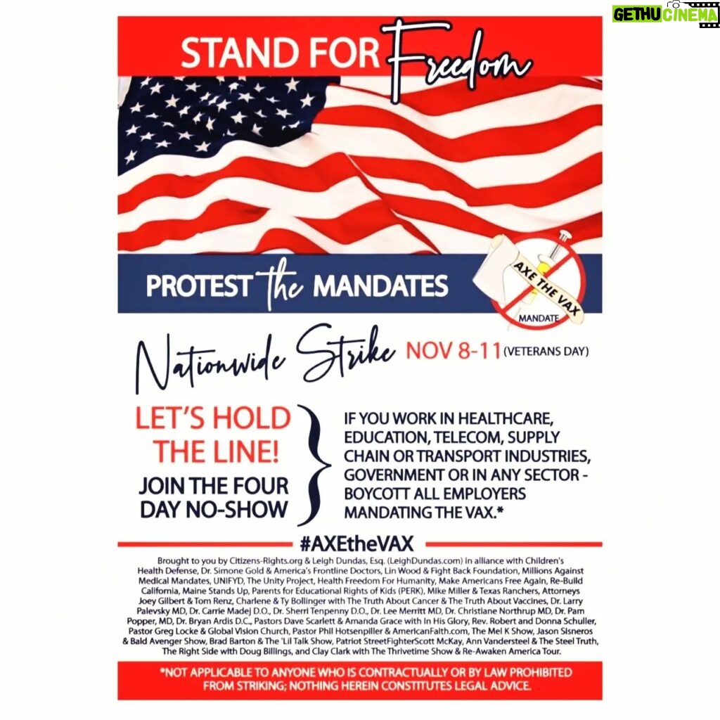 Sandra Rosko Instagram - #standforfreedom and #axethevax November 8-11! While I have been blessed to not have to deal with this not-an-actual-vaccine-mandate directly - fuck Hollywood, SAG, and anyone else who supports this modern-day Eugenics (aka Nazi) agenda - I stand with all 99% of you in human and patriotic spirit (not to be confused with any kind of terrorism, which is what those who are trying to take away our human and constitutional rights actually are), a spirit that can and will NEVER BE BROKEN! Here's to our calling, our true purpose in this lifetime! God bless us all! God bless the children! & God bless America! Freedom for all! ❤😇🇺🇲 #onelove #dosomething #saysomething #lovewins ALWAYS 🥰 #happyveteransday #gonebutneverforgotten #listentoyourancestors