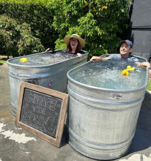Sara Rue Instagram - Did you even do a cold plunge if you don't post about it? 🥶😰💙 The couple that ice bathes together...