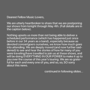 Sara Watkins Instagram - @nickelcreek CELEBRANTS SHOWS POSTPONED. Rescheduled Nashville dates below, with more details on the other three headline shows to follow. Unfortunately, we will not be playing at Merlefest on Sunday. For questions regarding your tickets, please contact your point of purchase.

Nashville, TN - April 27 Rescheduled to September 4

Nashville, TN - April 28 Rescheduled to September 5

Nashville, TN - April 29 Rescheduled to September 6

Charlottesville, VA - May 1 | New Date TBA

York, PA - May 3 | New Date TBA

New York, NY - May 4 | New Date TBA