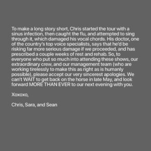 Sara Watkins Instagram - @nickelcreek CELEBRANTS SHOWS POSTPONED. Rescheduled Nashville dates below, with more details on the other three headline shows to follow. Unfortunately, we will not be playing at Merlefest on Sunday. For questions regarding your tickets, please contact your point of purchase.

Nashville, TN - April 27 Rescheduled to September 4

Nashville, TN - April 28 Rescheduled to September 5

Nashville, TN - April 29 Rescheduled to September 6

Charlottesville, VA - May 1 | New Date TBA

York, PA - May 3 | New Date TBA

New York, NY - May 4 | New Date TBA