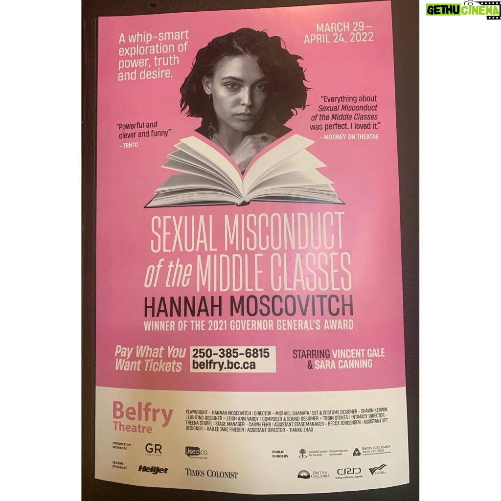 Sara Canning Instagram - It’s my outrageous pleasure to be on stage in @hannahmoscovitch’s play Sexual Misconduct of the Middle Classes at the @belfrytheatre with the fantastic Vincent Gale. Directed by the also fantastic Michael Shamata. We’d love you to come watch. Link to tickets in bio.