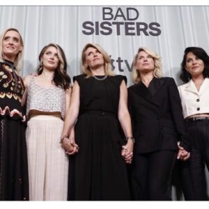 Sarah Greene Instagram - Last one I promise 🙈 I am so immensely proud of this show and the wonderful people who made it. Especially these women. #BADSISTERS on @appletvplus this Friday august 19th.  Jacket by @attire trousers by @aninebing earrings by @isabelmarant shoes by @jimmychoo and bag by @louboutinworld Styling again is the brilliant @chercoulter hair by @rebekahforecast and make up by @samanthalmua