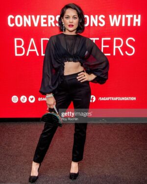 Sarah Greene Instagram - Another look for #BADSISTERS press was this stunner top by @pinkoofficial paired with @aninebing trousers and @pierrehardy shoes. Earrings and bracelet by @completedworks ring by @astleyclarke bag by @aspinaloflondon all styled by @chercoulter with hair by @rebekahforecast and make up by @samanthalmua ❤️