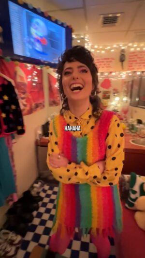 Sarah Sherman Instagram - let @calebwsimpson into my dressing room and showed him where i keep my 🤡s   🦐s   Pepto 💕
extra credit to anyone who can spot the @louiezfx TROMA artifact 🐍🧟💕