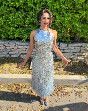 Sarayu Blue Instagram - Let’s hear it for the dress. And for the boy. I love them both, but only one always laughs at my bad jokes. 🩶✨🩶💫

Styling: @jasonrembert 
Asst: @ww.ilt 
Hair: @eduardomendezhair 
Makeup: @theginagmakeup 
Dress: @lanvin