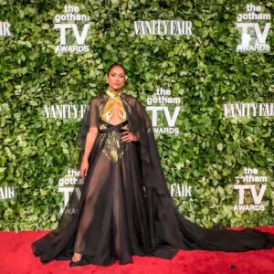 Sarayu Blue Instagram - Last night we had the honor of celebrating @thumbelulu at the Inaugural #GothamTVAwards. Lulu received the Spotlight Tribute Award and anyone who’s seen her work, knows why. It’s undeniable to see how much love she puts into every frame. And it’s also clear how much care she put into building a world led primarily by women, and the API Community- both in front of and behind the camera. I know the gift that a director with that kind of passion, and intentional approach to filmmaking is, and thankfully I know it firsthand.

As always, I owe an enormous debt of gratitude to truly one of the most magnificent, kind, brilliant glam squads a person could ask for. They elevate me literally and figuratively, and I remain eternally in awe of their talents. 🖤✨

Styling: @jasonrembert 
Asst: @ww.ilt x @thestylistguy 
Hair: @cnaselli 
Makeup: @tuddynana 
Dress: @georgeschakraofficial 

#Expats