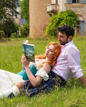 Sasha Alsberg Instagram - We cosplayed Klara & Callum in preparation for Fracturing Fate (the sequel to Breaking Time) at the wonderful @manorandmaker in France this week! ✨ 

☁️ dreams do come true (thanks to @manorandmaker) ☁️

Fracturing Fate comes out August 15th and I cannot WAIT for you all to see where their journey continues (or ends 🫢) 💕

@manorandmaker have retreats just like this one for all to enjoy! Check out their website for more information!

👗 by the amazing Sara from @manorandmaker 
🏴󠁧󠁢󠁳󠁣󠁴󠁿 kilt (borrowed) from @cre8vman
🕺 @gordonjuice 
📷 by @cre8vman
📖 by me 😊
👩🏻‍🦰 by @halohairextensions 

#France #dordogne #manorandmaker #creativeretreat #visitfrance #chateaulife #summerholiday #cottagecore #projectred #fracturingfate #breakingtime #scotland #meninkilts #romancenovel #yafantasy