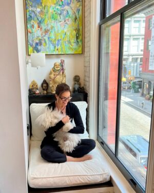 Sela Ward Instagram - Trying to give Ollie all the cuddles in our favorite people watching spot. 🐶🥰