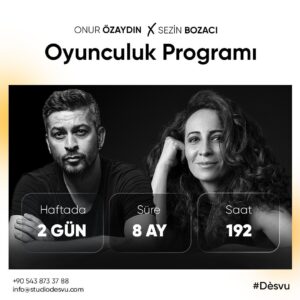 Sezin Bozacı Instagram - Sahnede oynadıkları birbirinden başarılı roller ile isimlerinden söz ettiren Onur Özaydın ve Sezin Bozacı ile uzun dönemli Oyunculuk Programımız başlıyoor! 🎉

☘️ Onur Özaydın, Kadir Has Üniversitesi’nin Film ve Drama Yüksek Lisans Programı’nı “Oyunculuk” üzerine tamamladı. Aynı yıl “Hayvanat Bahçesi Masalı” ile 14. Afife Tiyatro Ödülleri’nde “Yılın En Başarılı Genç Kuşak Sanatçısı” ödülünü aldı. Sonrasında “Anlaşılmaz Konuşmalar”, “Tek Kişilik Şehir”, “Soğuyunca Acımaya Başlar”, “Yanlış Anlama” ve “Kral Lear” oyunlarında oynadı. Aynı zamanda “Öyle Bir Geçer Zaman Ki”, “Uçurum”, “Kalbim Ege’de Kaldı”, ve “Savaşçı” gibi birçok dizide de rol aldı. Şimdilerde ise “Sıfır Telaş”, “Üçü Bir Arada”, “Acındırma Propaganda Birimi” adlı oyunlarının yanı sıra, “Yargı” adlı dizide rol almaktadır.

☘️ Kadir Has Üniversitesi Film ve Drama Oyunculuk Bölümü’nde yüksek lisansını tamamlayan Sezin Bozacı, o tarihten itibaren çok sayıda tiyatro oyunu, dizi ve filmde rol almıştır. “Metot”, "Kuşlar", “Sezonun Kabusu”, “Akşam Yemeği”, "Semaver ve Kumpanya", "Titus Andronicus", "Hizmetçiler" oynadığı oyunlardan bazılarıdır. Oynadığı diziler arasında “Kırmızı Oda” , “Bartu Ben”, "Leyla ile Mecnun", "Şeref Meselesi", "Yeşil Vadinin Kızı" gibi diziler yer almaktadır. Şimdilerde ise “Cimri” ve “Mağrur Fil Ölüleri” oyunlarının yanısıra “Yalı Çapkını” dizisinde rol almaktadır.

Oyunculuk Programı konu başlıkları ⬇️

• Dramaturji ve Sahneleme
• Anlatıcı ve Rol Kişisi 
• Oyun alanı ve Dış Dünya Farkındalığı
• Ses ve Beden Kullanımı
• Metin Analizi
• Doğaçlama

📌 Tarih: Ekim-Haziran
📌 Süre: Haftada 2 gün, 8 ay, 192 saat
📌 Gün: Salı ve Perşembe
📌 Saat: 19:00-22:00
📌 Kontenjan sınırlıdır.
📌 Dersler sırasında konuk eğitmenler ile söyleşiler düzenlenecektir.
📌 Oyunculuk programını başarıyla tamamlayan öğrencilerimiz diledikleri takdirde; kariyer yönetimi ve menajerlik hizmeti @desvumanagement tarafından sağlanacaktır.
📌 Konservatuvar öğrencilerine ve daha önce Dès Vu atölyelerine katılmış olanlara (family discount) indirim yapılacaktır.

***

Detaylı Bilgi ve Erken Dönem Kayıt İçin 🌿

📱 90 543 873 37 88
📩 info@studiodesvu.com
📍Kuruçeşme, İstanbul

#Dèsvu #OnurÖzaydın #SezinBozacı