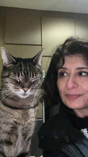 Shappi Khorsandi Instagram - It was love at first sight. 13 years ago I went into a pet shop to buy fishfood and came out with Oscar. I love him. He is wise and wonderful. Utterly dignified. He never leaves my side, has never wandered. No 'Six Dinner Sid' is he...he's as loyal as a dog. 
My teenager can't remember life before Oscar. This cat kept me company though night feeds when my  daughter came along and I was on my own. He is the murderer of mice, squirrels, crickets and carp. He may bite you. He is my closest confidant. He is Boss Kitty. 
(The fish went to live on a farm)
#catsofinstagram #tabbycatsofinstagram #catchat #shapchat