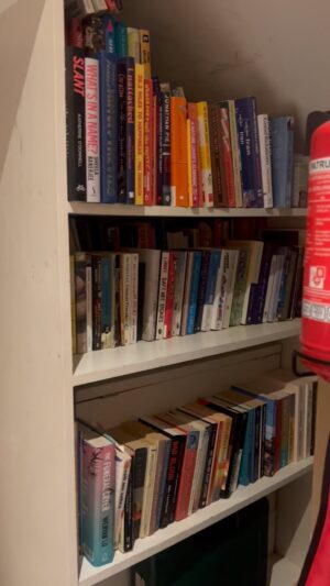 Shappi Khorsandi Instagram - I am ridiculously proud of myself so posting a vid too. Not allowing clutter to overwhelm me is a daily battle with ADHD and I started to feel so trapped by the mounting collection of books on my stairs, my floor, my bed...It really started to pull me into that pit...it sounds bonkers but the book clutter dominated my thoughts and was bringing up shame and feelings of uselessness...but I mobilised and not feel free! 
#adhd 
#adhdclutter