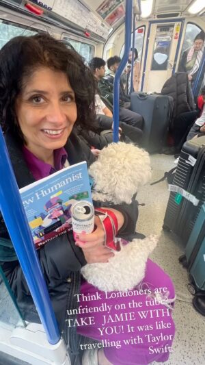 Shappi Khorsandi Instagram - Woman on the underground gave me her seat because my dog was cute. WHAT ELSE CAN JAMIE GET ME? Holding out for a @chanelofficial bag. 
#londontravel
#travellingdogs
#dogmum 
#dogprivilege