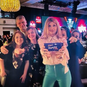 Sharon Horgan Instagram - At the @broadcastnow_mbi awards not winning. But it was great to hang out with just some of the amazing team behind @badsisterstv. Our legend of a director Dearbhla Walsh gave me a bar of Mammy chocolate as a consolation prize and it made me more happy than I can tell you.
My darling Julia @branchonthepark gave me so much jewellery to wear that I had to show them off even though I look like a dick.

Thank you @appletvplus for hosting us.
@mermantvfilm 
@fayedorn 
@dearbhlawalsh
@clelia_mountford 
@johannknobel 
@rebecca.parkinson 
#badsisters 
#mammy 

(Apologies to @clelia_mountford for only having a closed eyes pic but I had to show Mammy)