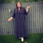 Sharon Rooney Instagram - Is that rain? Oh well! Mum take a picture 😂💖 - THANK YOU @yoursclothing for my polka dot dream dress 😍 not even the rain can stop me swishing it around! Also my fellow tall babes, it’s LONG 🙌 I can never get a dress this long everything’s a midi! Also also I’d say size down 🥰 Product code - 213658 Link - https://www.yoursclothing.co.uk/limited-collection-black-polka-dot-smock-frill-maxi-dress-p (Not a sponsored post but the dress was very kindly gifted 💖)