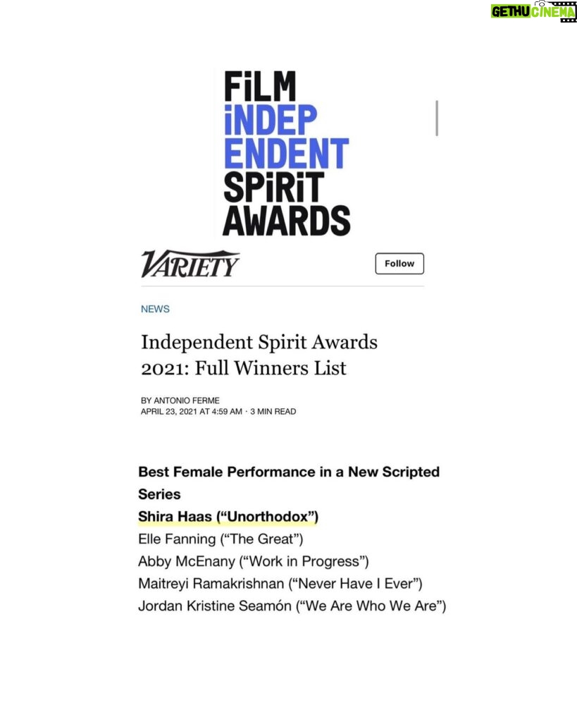 Shira Haas Instagram - Thank you @filmindependent for honoring me with the best female performance in a scripted series award. Best news I’ve ever received at 6 am! It’s been over a year since Unorthodox was released, and with every day that passes I understand more deeply how lucky I am to be part of this project. Thank you to my Unorthodox family and everyone for all this love and recognition. 🙏🏻❤️🥰