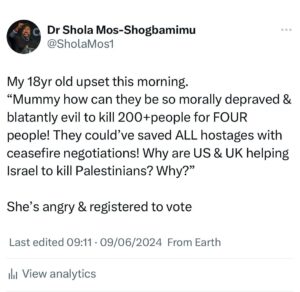 Shola Mos-Shogbamimu Instagram - What do we say to our children? I let her get everything off her chest & held her. I’ve been angry since yesterday since the news broke out at 200  murders with 400  injured to rescue 4 Israelis. I can’t put into words the rage I feel. Unfathomable the contempt and disdain Palestinian lives are held by Israel & the West. 

I said to my daughter she has to use the rage, powerlessness, sadness she feels to make sure she uses her voice, position & influence now and in the future to do the right thing. 

She wants to vote - she turned 18 a few months ago.