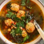 Sohla El-Waylly Instagram – It’s cold outside, so stay in and let @getir_us deliver everything you need (in literally 10 to 15 minutes) to make this cozy meatball soup! Use code SOHLA to get $20 of free groceries for just 2c #ad

Sofrito Chicken Meatball Soup 

1/2 cup torn bread
3 tablespoons milk or water
1/4 cup plus 2 tablespoons olive oil, divided
2 medium onions, chopped
2 medium red bell peppers, chopped
5 garlic cloves, chopped
kosher salt
2 teaspoons smoked paprika, divided
1/2 cup parsley, chopped, plus more for garnish
1 lemon
freshly ground black pepper
1 large egg
1 pound ground chicken
2 quarts chicken broth
1 can chickpeas, drained
1 bunch kale, stemmed and chopped

1. In a large bowl, mix bread and milk; set aside. 

2. In a large pot, combine 1/4 cup oil, onions, pepper, garlic, and a big pinch of salt. Cook over medium heat, stirring frequently, until jammy and tender, 30 minutes. Add 1 teaspoon paprika.

3. Add half the pepper mixture to the bread mixture. Add the parsley, finely grated zest of the lemon, 1 teaspoon salt, pepper, and egg. Mix well. Add chicken and knead thoroughly until combined. 

4. Add broth to remaining pepper mixture in pot. Add chickpeas and kale, season with salt and pepper, and bring to a bare simmer. 

5. Form chicken mixture into ping pong sized balls and drop into soup. Cover and cook gently until cooked through, 20 minutes. 

6. Meanwhile, in a small skillet combine remaining 2 tablespoons oil and 1 teaspoon paprika. Cook until fragrant, 1 minute. Garnish soup with paprika oil, parsley, and lemon juice.
