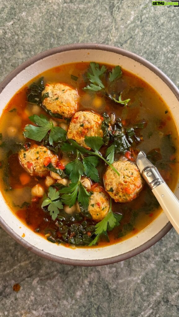 Sohla El-Waylly Instagram - It’s cold outside, so stay in and let @getir_us deliver everything you need (in literally 10 to 15 minutes) to make this cozy meatball soup! Use code SOHLA to get $20 of free groceries for just 2c #ad Sofrito Chicken Meatball Soup 1/2 cup torn bread 3 tablespoons milk or water 1/4 cup plus 2 tablespoons olive oil, divided 2 medium onions, chopped 2 medium red bell peppers, chopped 5 garlic cloves, chopped kosher salt 2 teaspoons smoked paprika, divided 1/2 cup parsley, chopped, plus more for garnish 1 lemon freshly ground black pepper 1 large egg 1 pound ground chicken 2 quarts chicken broth 1 can chickpeas, drained 1 bunch kale, stemmed and chopped 1. In a large bowl, mix bread and milk; set aside. 2. In a large pot, combine 1/4 cup oil, onions, pepper, garlic, and a big pinch of salt. Cook over medium heat, stirring frequently, until jammy and tender, 30 minutes. Add 1 teaspoon paprika. 3. Add half the pepper mixture to the bread mixture. Add the parsley, finely grated zest of the lemon, 1 teaspoon salt, pepper, and egg. Mix well. Add chicken and knead thoroughly until combined. 4. Add broth to remaining pepper mixture in pot. Add chickpeas and kale, season with salt and pepper, and bring to a bare simmer. 5. Form chicken mixture into ping pong sized balls and drop into soup. Cover and cook gently until cooked through, 20 minutes. 6. Meanwhile, in a small skillet combine remaining 2 tablespoons oil and 1 teaspoon paprika. Cook until fragrant, 1 minute. Garnish soup with paprika oil, parsley, and lemon juice.