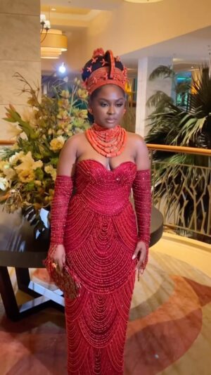 Somkele Iyamah Idhalama Instagram - Took all the muscle in me to not cry tears of joy, relief and all the emotions in between making this video. This dress, designed by the mastermind that is @andrea.oi and executed in 3 different countries, custom dyed beads   at least 500hours of labour put into it’s construction, is a masterpiece if I may say so myself. In the garden of Eden, God worked and called His creation ‘GOOD’. The labour of love put into this dress and the entire wedding is exemplary, even if only to a miniature scale but nonetheless very significant, of what God calls ‘GOOD’. 

May your union be a testament of The Goodness of God always. I love you both @andrea.oi @eghosa.n 

Cheers 🥂 

Dress by @andreaiyamah.bride. Should we bring bridal back 😏