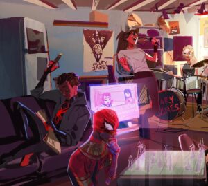 Sophie Li Instagram - Early early work that I created when, for the shortest couple of weeks in 2019, helping with character concepts on #acrossthespiderverse 😭. 

Referencing many early versions of the designs, I was tasked to imagine how the spider gang would spend their time together. 

Embarrassing to say, but I was truly out-of-depth seeing all the amazing works done around me, frustrated with how little I could do to help on this crazy production. 

Alas now, I can’t wait to finally meet these characters on the big screen with their final form and full galore. I feel honored I get to get a glimpse of the making of the spider universe at the time, and idk, just grateful that Spider-Man exist and we can nerd out together about it... Anyway, ready to be hit in the face by the film and see what my art hero’s and friends has made possible ! 

___
Also I’ve been avidly avoiding seeing art of the film, not even dare look to close at any fanart to avoid spoilers but it is DAMN hard… 4 more days till Japan release, God help me 🥲