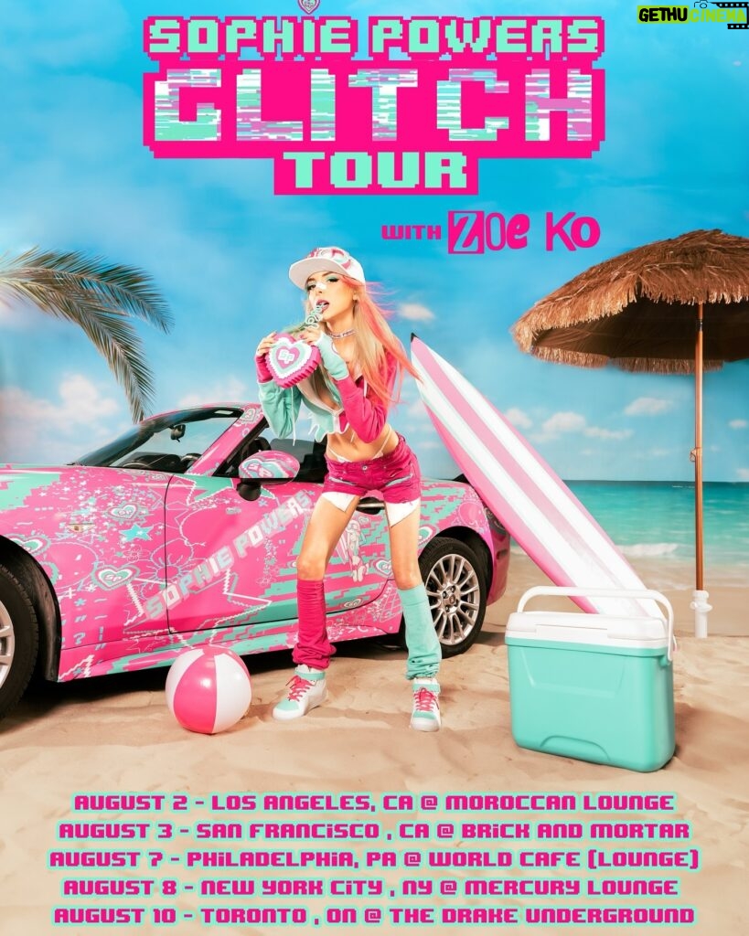 Sophie Luborsky Instagram - announcement!! @itszoeko is direct support for the glitch tour this summer 🏝️🩷 tix @ sophiepowers.com 🩵 lmk what songs y’all wanna hear on my set list 💫