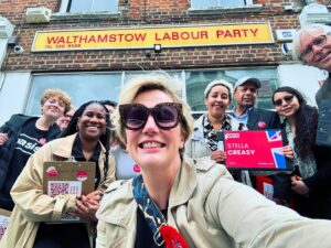 Stella Creasy Instagram - Thank you to the brilliant @patchworkuk team who joined us today talking to voters in walthamstow about why I am standing for re election and the future we can give our community - and in giving our @coopparty umbrellas and raincoats a good home!