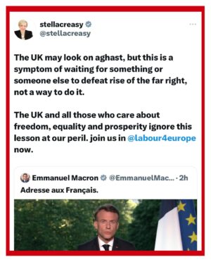 Stella Creasy Instagram - Macron has called an election, he’s not called the far right out. Join us in @labourmovementforeurope working with sister parties across Europe to speak out for progressive values.