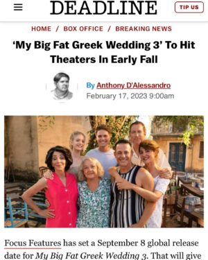 Stephanie Nur Instagram - … Coming to a theater near you! WORLDWIDE SEPTEMBER 8th!
.
To be a part of this franchise & iconic classic was a dream. My family, and extended, have been quoting it for years. It’s been an honor to be part of a lighthearted family comedy that is exactly what people need right now after the past few heavy years… we hope to bring you much joy and laughter with the 3rd installment of My Big Fat Greek Wedding! Yassou!!!
.
These beautiful people all became family to me; and I made life long friends from the crew and cast. And thank you, Greece, I fell in love with you, you are the ultimate 🇬🇷 
.
Rita and Nia, thank you for taking a chance on me and welcoming me into the family. Forever indebted with gratitude for you. So much more to say and thank…  But for now… 
.
stay tuned…… in theaters WORLDWIDE SEPTEMBER 8th!