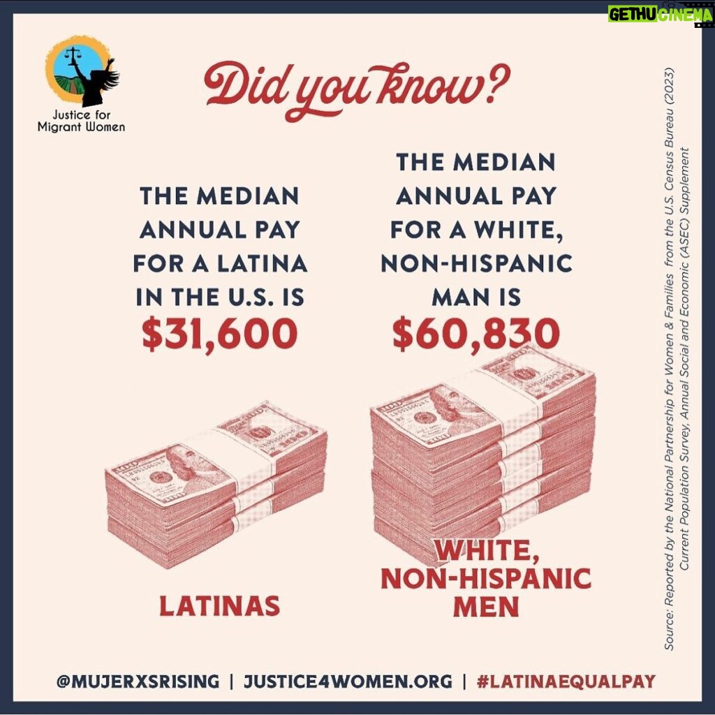 Stephanie Sigman Instagram - LATINAS are paid just 52 cents, on average, for every $1 a white man is paid, #PAGAME #LatinEqualPay day More than 50 years after the passage of the Equal Pay Act of 1963, Latinas working full-time, year-round, part-year and part-time are still facing a wage gap. Across industries and sectors, women are not paid equitably for their work. Join @mujerxsrising @equalpay2dayorg and @lclaa in calling on Congress to pass the #PaycheckFairnessAct & more rights for all workers at actionnetwork.org/petitions/latinaequalpay Link in bio. Sign the petition. Get your t shirts, make noise A las latinas se les paga, en promedio, 52 centavos por cada dólar que ganan los hombres blancos no hispanos. Aumentar el salario mínimo no se trata sólo de números; se trata de la vida de las personas. Se trata de apoyar a las mujeres trabajadoras, especialmente a las de comunidades marginadas.