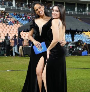 Stephanie Siriwardhana Instagram - Loved hosting the Grand Opening of the Legends Cricket Trophy Season 2! Women power on stage 💪🏾🥰🎤🏏🤩 💃
.
💍- Aquamarine & Diamond Set by @puregoldbytiesh 
👗- @michael_wijesuriya_ 

#cricket #cricketlovers #lct #legends #trophy #love #srilanka #tiesh #puregoldbytiesh